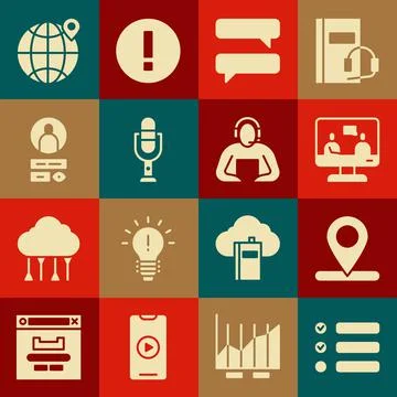 Set Task list, Location, Online education, Speech bubble chat, Microphone, Cr Stock Illustration