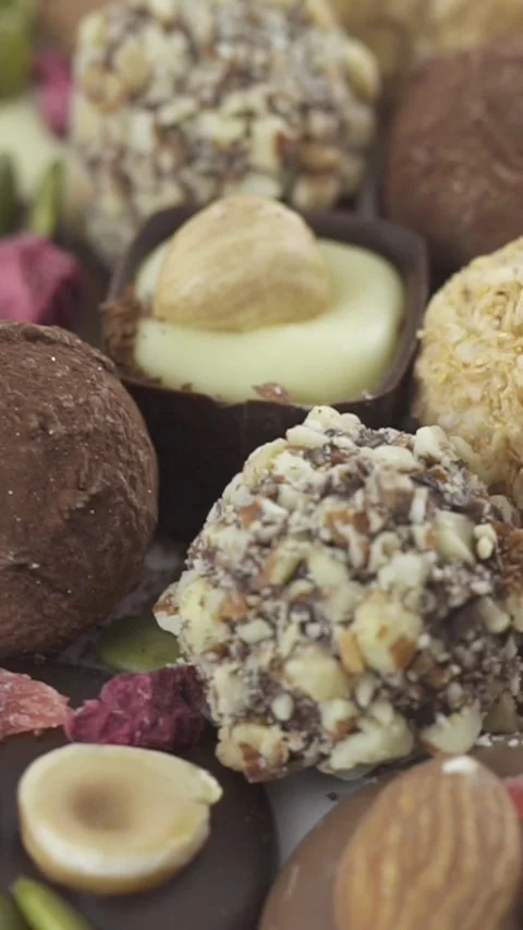Set of tasty truffle chocolates and mendiants with cocoa powder. Rotation video Stock Footage 317048600