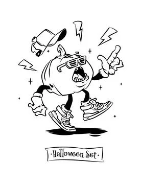 Set of tattoo vector characters for halloween. A cute pumpkin in sneakers Stock Illustration