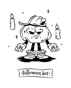 Set of tattoo vector halloween characters with cute pumpkin. Beautiful Stock Illustration