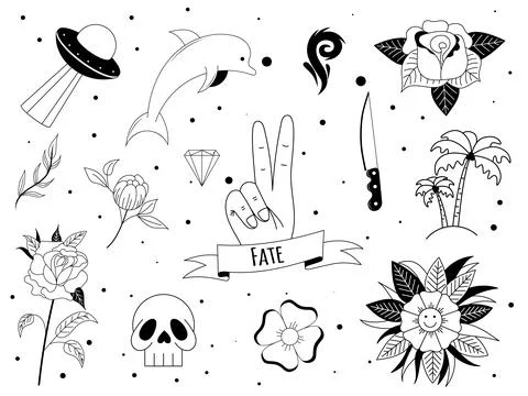 Set of tattoo in y2k, 1990s, 2000s style. Emo goth element design with knife Stock Illustration