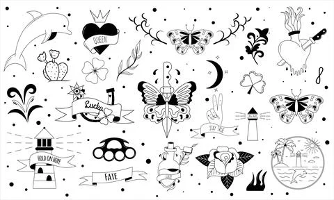 Set of tattoo in y2k, 1990s, 2000s style. Emo goth element design with flaming Stock Illustration