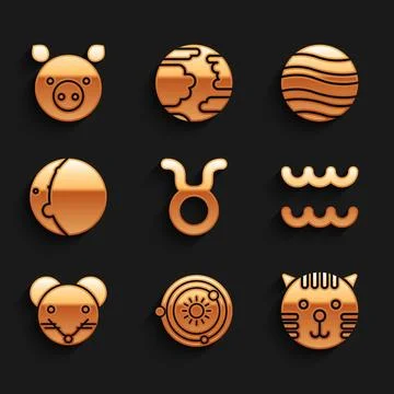 Set Taurus zodiac, Solar system, Tiger, Aquarius, Rat, Eclipse of the sun Stock Illustration