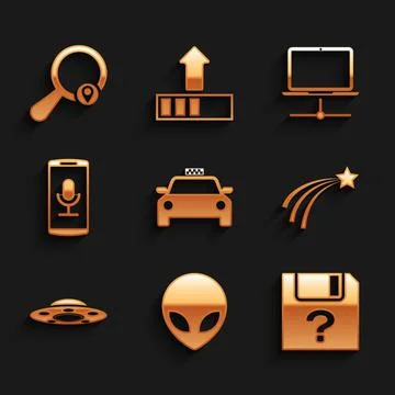 Set Taxi car, Alien, Unknown document, Falling star, UFO flying spaceship and Stock Illustration