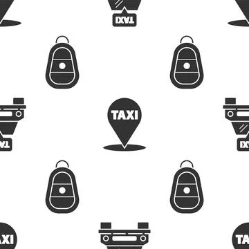 Set Taxi car, Map pointer with taxi and Car key with remote on seamless pattern Illustrazione stock