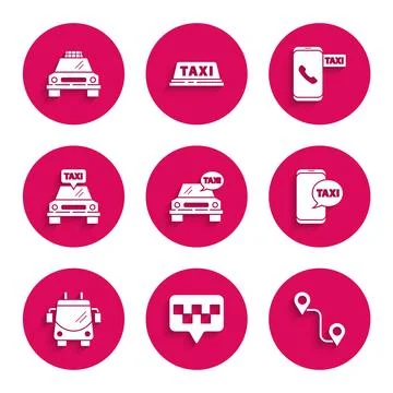 Set Taxi car, Map pointer with taxi, Route location, call telephone service.. Stock Illustration