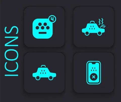 Set Taxi mobile app, Broken taxi car and icon. Black square button. Vector Stock Illustration