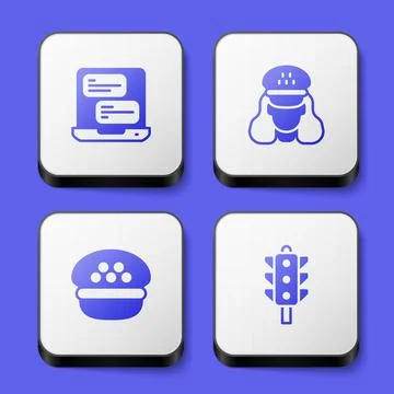 Set Taxi mobile app, driver, cap and Traffic light icon. White square button Stock Illustration