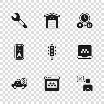 Set Taxi mobile app, driver, Traffic light, waiting time, Wrench spanner, G.. Illustrazione stock