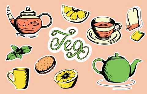 A set of tea accessories: cup, teapot, tea bag, tea tools, glass in flat styl Stock Illustration