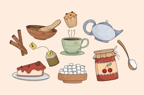 Set of tea and dessert items Stock Illustration