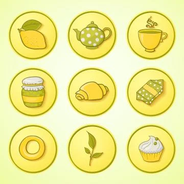 Set tea and sweets round icons Stock Illustration