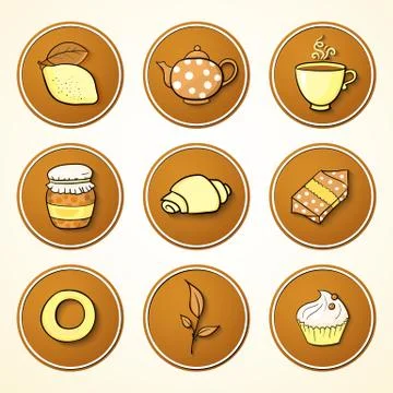 Set tea and sweets round icons Stock Illustration
