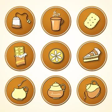 Set tea and sweets round icons Stock Illustration