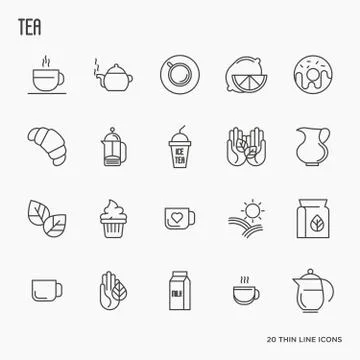 Set of tea and tea drinking related thin line icons. Vector illustration. Stock Illustration