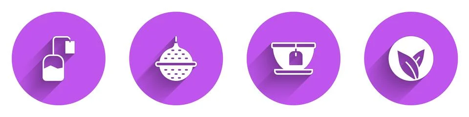 Set Tea bag, Ball tea strainer, Cup with and leaf icon with long shadow. Vector Illustrazione stock