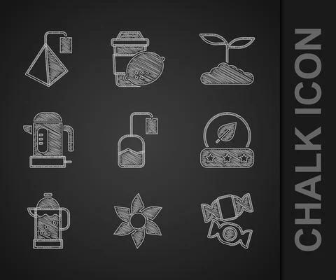 Set Tea bag, Flower, Candy, leaf, French press, Electric kettle, and icon Illustration