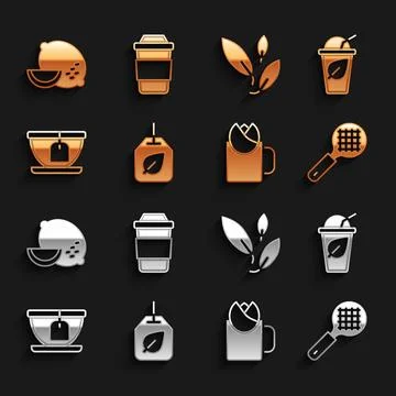 Set Tea bag with leaf, Cup of tea, strainer handle, rose, Lemon and icon. Vector Illustration