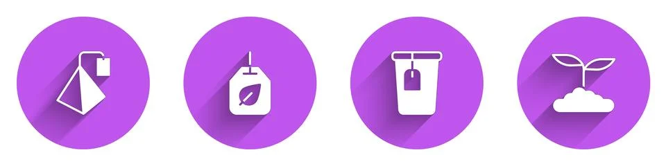Set Tea bag, with leaf, Cup tea and  icon with long shadow. Vector Illustrazione stock