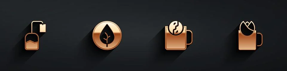 Set Tea bag, leaf, time and Cup of tea with rose icon with long shadow. Vector Stock Illustration