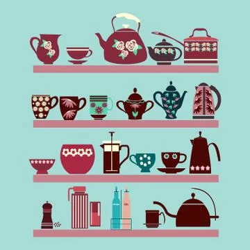 Set of tea collection with a tea pot, tea cup, jars, jugs on the shelves Stock Illustration