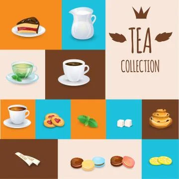 Set of tea drinks, sweets and bakery products. Stock Illustration
