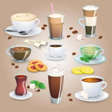 Set of tea drinks, sweets and bakery products. Stock Illustration