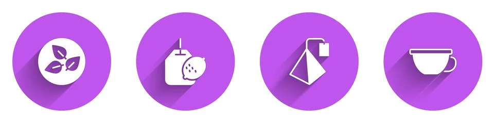 Set Tea leaf, bag with lemon,  and Cup of tea icon with long shadow. Vector Illustrazione stock