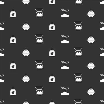 Set Tea leaf, Ball tea strainer, bag with and Teapot on seamless pattern. Vector Illustrazione stock