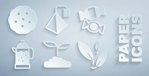 Set Tea leaf, Candy, French press, bag and Cookie or biscuit icon. Vector Stock Illustration