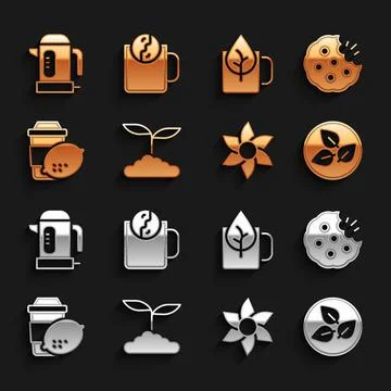 Set Tea leaf, Cookie or biscuit, Flower, Cup of tea with lemon, Electric kettle Illustration