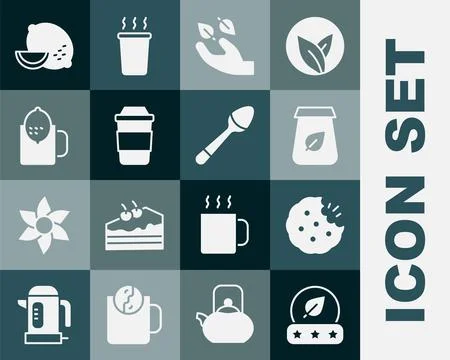 Set Tea leaf, Cookie or biscuit, packaging, hand, Cup of tea, with lemon, L.. Illustrazione stock