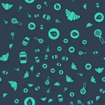 Set Tea leaf, Croissant, Cup of tea and strainer with handle on seamless pattern Illustrazione stock