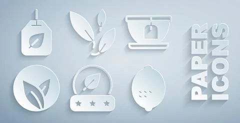 Set Tea leaf, Cup with tea bag, Lemon, and icon. Vector Stock Illustration