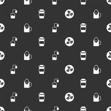 Set Tea leaf, Cup of tea with lemon, bag and on seamless pattern. Vector Illustrazione stock