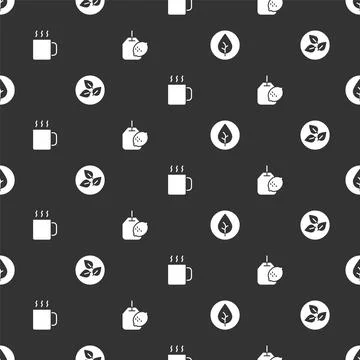 Set Tea leaf, Cup of tea and bag with lemon on seamless pattern. Vector Illustrazione stock