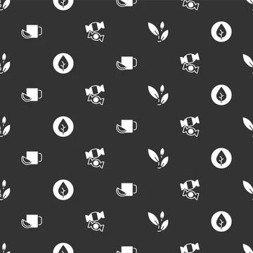Set Tea leaf, Cup of tea with lemon and Candy on seamless pattern. Vector 스톡 일러스트