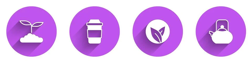 Set Tea leaf, Cup of tea, and Kettle with handle icon with long shadow. Vector Stock Illustration