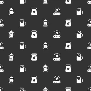 Set Tea leaf, Cup of tea with rose, French press and packaging on seamless .. Stock Illustration