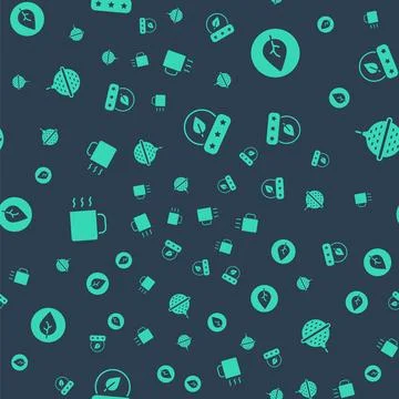 Set Tea leaf, Cup of tea and Ball strainer on seamless pattern. Vector 스톡 일러스트