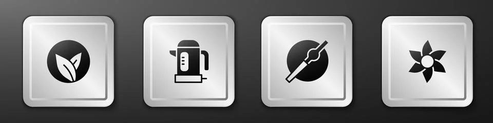 Set Tea leaf, Electric kettle, Cigarette and Flower icon. Silver square button Illustration