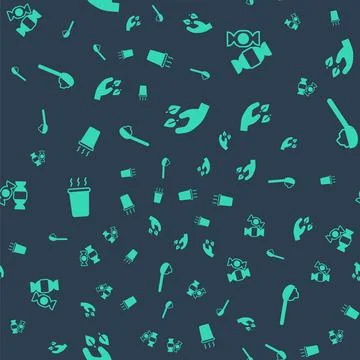 Set Tea leaf in hand, Candy, Cup of tea and Spoon with sugar on seamless patt Stock Illustration