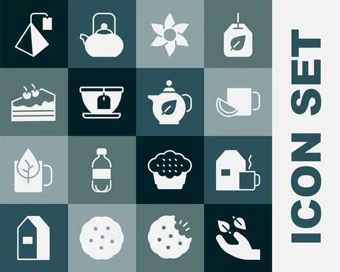 Set Tea leaf in hand, Cup of tea with milk, lemon, Flower, bag, Piece cake, and Illustration