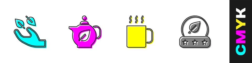 Set Tea leaf in hand, Teapot with, Cup of tea and icon. Vector Stock Illustration