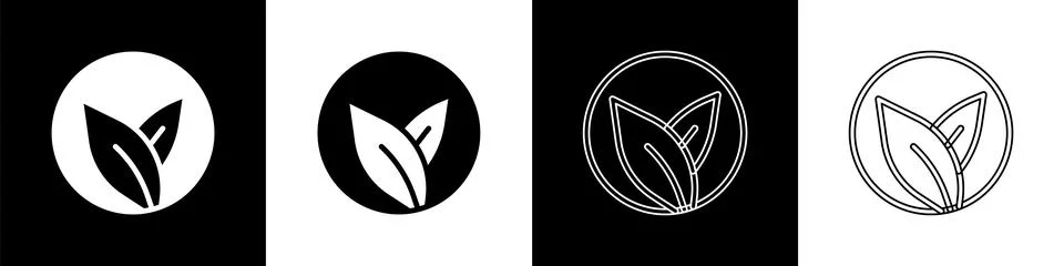 Set Tea leaf icon isolated on black and white background. Tea leaves.  Vector Stock Illustration
