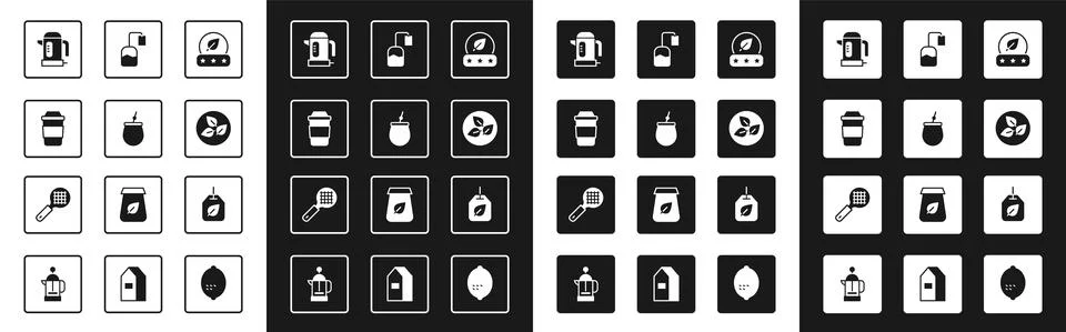 Set Tea leaf, Mate tea, Cup of, Electric kettle, bag, with and strainer handle Illustration