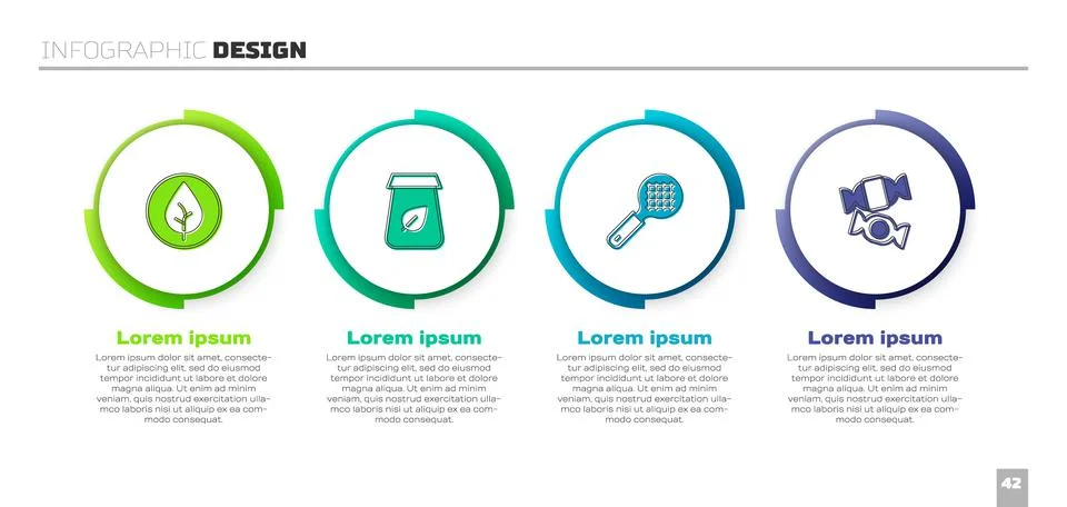 Set Tea leaf, packaging, strainer with handle and Candy. Business infographic Illustration
