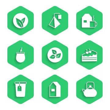 Set Tea leaf, Paper package for milk, Kettle with handle, Piece of cake, Cup tea Illustration
