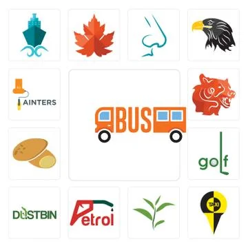 Set of, tea leaf, petrol, dustbin, golf, potato, bear head, painters icons Free Stock Illustration