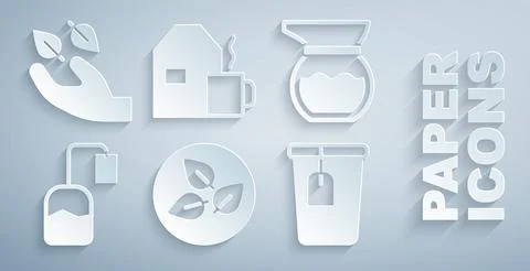 Set Tea leaf, Teapot, bag, Cup with tea, of milk and in hand icon. Vector Stock Illustration